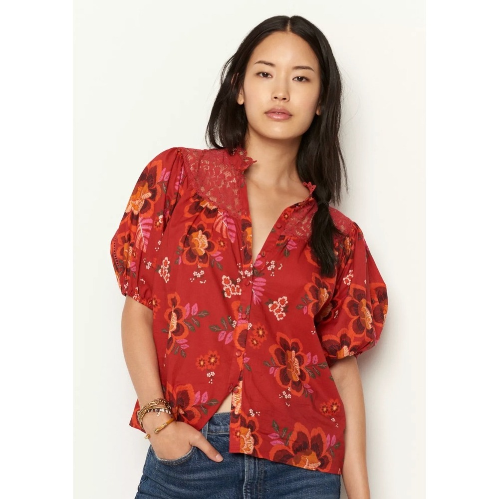 Farm Rio Giustina Button Up Lace Blouse Womens Large Red Floral Puff Sleeve Boho